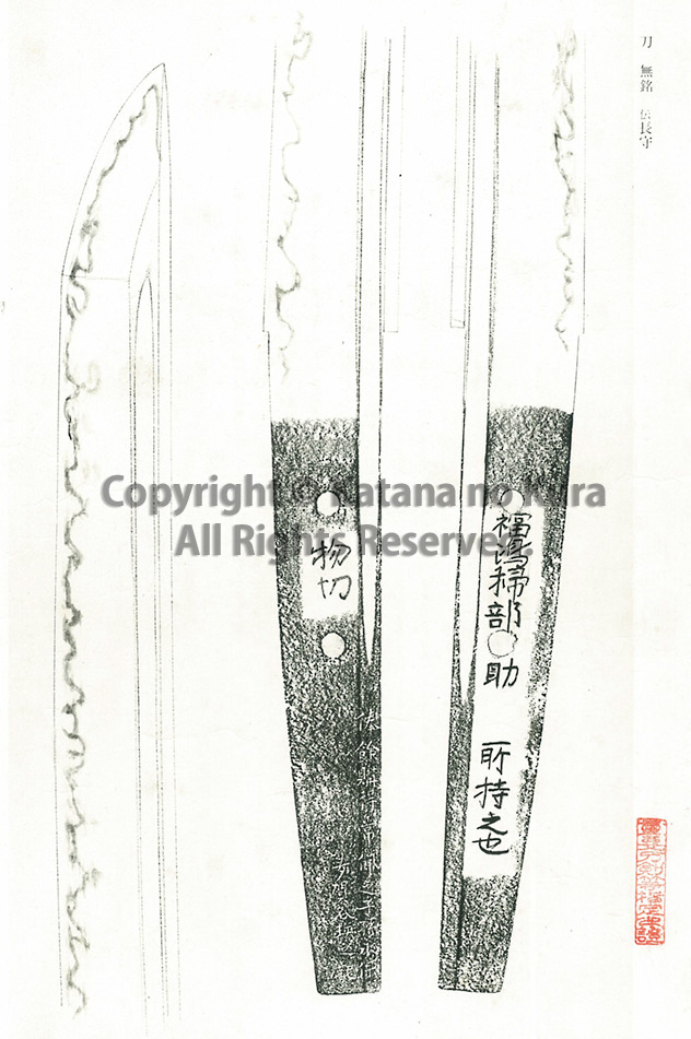 無銘　伝長守（銀象嵌）物切（切付銘）　福島掃部助所持之也・図譜